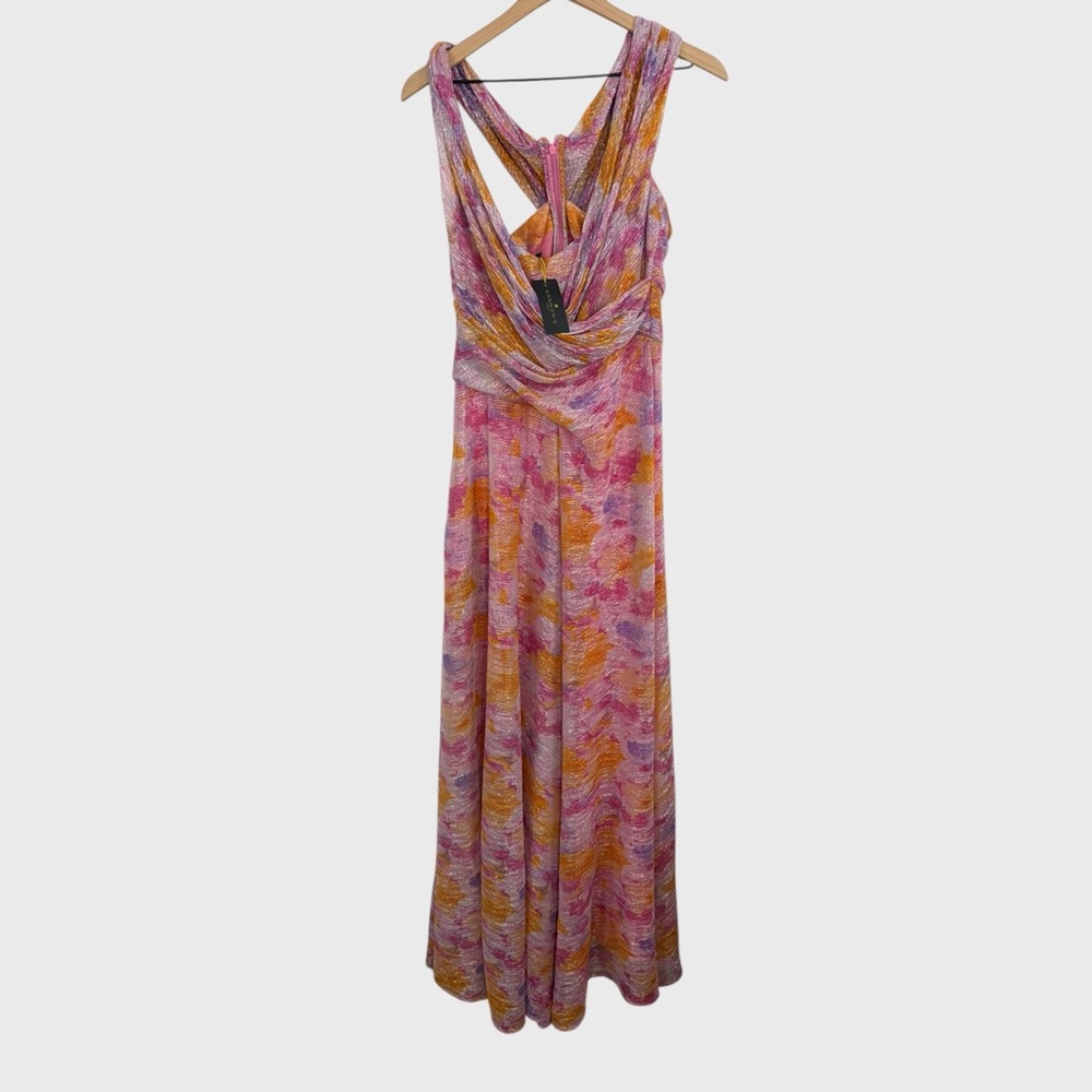 Talbot Runhof NWT Pink Orange Purple Metallic Voile Flower Bouquet Maxi Dress - Picture 2 of 12